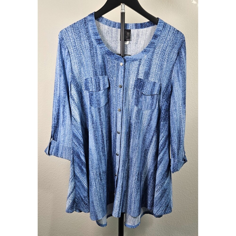 JTB Womens Large Blue Denim Look Tunic Top Snap Front Roll Sleeve Stretch NWT